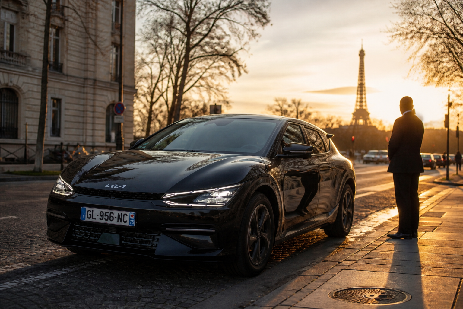 Kia EV6 noire devant la Tour Eiffel au coucher du soleil